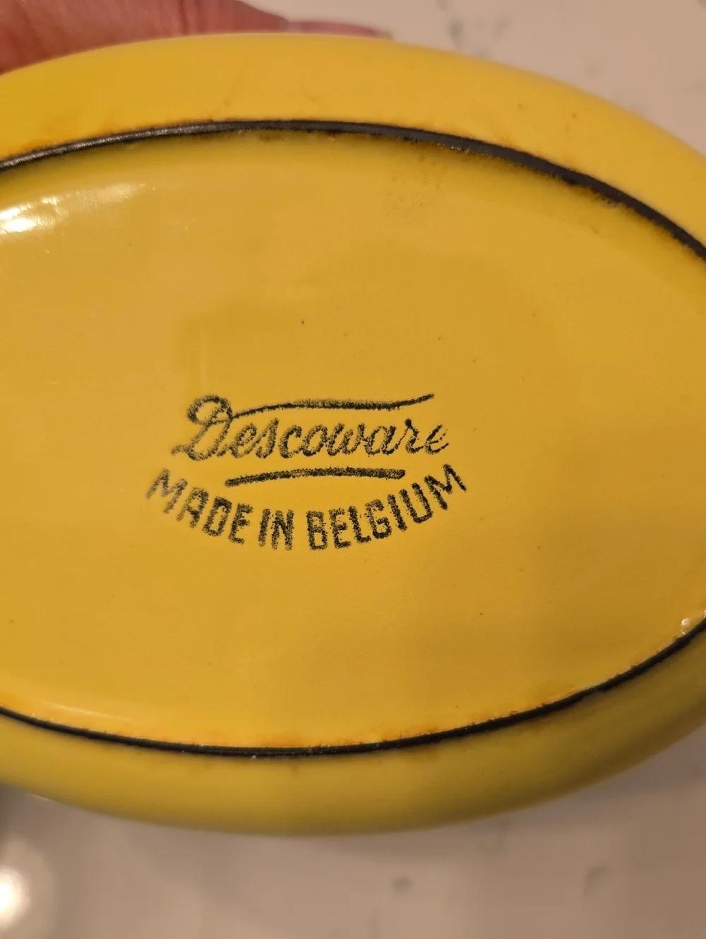Descoware Vintage Belgium Yellow Enamel Cast Iron Small Covered Casserole Dish